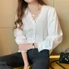 Случайные плюс размер кружева блузка осень белый слойки с длинным рукавом шифоновая рубашка женщины v шеи кардиган женская одежда 10621 210415