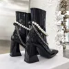 White Black Chains Biker Boots for Women Square Toe Patent Leather Female Fashion Booties Evening Party Boot