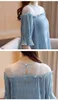 Mousseline de soie à manches courtes femmes Blouses été bas chemise coréenne solide maille hors épaule haut mode chemises 8981 50 210417