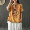 Maglietta ricamata in cotone e canapa Top Versione coreana estiva da donna Manica corta Letteratura Arte Tempo libero Pullover Camicie 210623