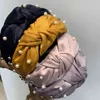 Knot Pérolas Headbands para Mulheres Meninas Handmade Larga Sólida Tecido De Seda Torção Banda Bezel Hoop Acessórios De Cabelo