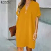 2021ザンジアの女性のドレス夏のファッション半袖膝の長さvestidosカジュアルなソリッドレディースSundress Vネック特大のワークRobe Y1006