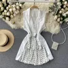 Summer Women Elegant V-neck Polka Dot Patchwork Dress Office Lady High Waist Slim Button White 210423