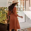 Şifon Elbise Moda Kahverengi Vintage Bayanlar Düğme Sashes Uzun Elbiseler Kadınlar için Zarif Sonbahar Sonbahar Giysileri Yeni Varış 210415