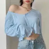 Koreanischer Stil Damen Strick Crop Tops Solide Sexy V-Ausschnitt Kurze Strickjacke Mujer Lose Langarm Dünne Pullover Frau Top Ästhetisch 210812