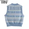 TRAF Women Fashion Geometric Pattern Stickad Vest Sweater Vintage V Nacke Ärmlös Kvinna Waistcoat Chic Toppar 210415