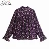 HSA Women Floral Blouses Flare Sleeve vintage stand collar print casual kimono blouse pleats Shirts 210417