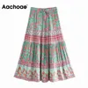 Summer Beach Style Floral Print Midi Women Bow Tie Elastic Waist Boho Skirts Female A Line Vintage Skirt 210413