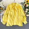 Women's Shirt Sprin Autumn Satin Bow Collar Puff Sleeve Loose Office Lady Top Women Blouse Plus Size Tops ML671 210506