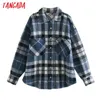 Femmes Bleu Plaid Épais Manteaux Veste Lâche Manches Longues Poche Printemps Manteau Outwear 3L60 210416