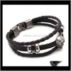 Bangle Drop Delivery 2021 Vintage Uomo Moda Pelle nera Scheletro Braccialetti con ciondoli Teschio Braccialetti Gioielli Maschile Multistrato Mano Corda Pulseira