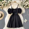 Mode Retro Minikleid für Damen sexy trägerlos Puffärmel schlank kurz Vintage A-Linie weiß Frauen Vestidos 210420