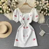 Summer Women Dress French Style Cherry Embroidery Square Collar Short Puff Sleeve Slim High Waist Chic Vestidos Robe 210603