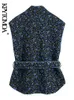 Kpytomoa النساء أزياء مع حزام الأزهار طباعة رقيقة مبطن صدرية خمر الخامس الرقبة أكمام الإناث قميص شيك فيستي 211123