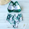 Bikinis Seksowna Wysoka Talia Swimsuit Kobiety Drukowane Stroje Kąpielowe Kobiece Bandaż Halter Set Push Up Suit Bathing Swim 210621