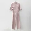 Korejpaa Women Jumpsuits Summer Korean Chic Simple Round Neck Metal Buttons High Waist Multi-Pocket Wide-Leg Casual Overall 210526