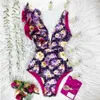 Sexig ruffle print blommig baddräkt från axeln badkläder kvinnor solid djup-v beachwear baddräkt monkini 210611