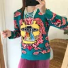 原宿ファッションフライングソーサー刺繍女性セーターヴィンテージ長袖シックな漫画プルオーバーニット210914