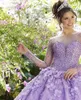 반짝 이는 라일락 Quinceanera 드레스 2022 긴 소매 레이스 3D 꽃 장식 조각 비즈 라인 석 공주 파티 스위트 15 볼 가운 드레스 Vestidos De 16 A￱os Brithday