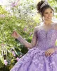 Glitter Lila Quinceanera Jurken 2022 Lange Mouwen Kant 3D Bloemen Pailletten Kralen Rhinestone Prinses Feest Sweet 15 Baljurk Jurk Vestidos De 16 A￱os Brithday