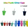 Reusable Coffee Mugs 16oz Glitter Plastic Cups with Coloful Straw Lid Portable Confetti Cold Drinking Tumblers Disposable Beach Party Decoration Beverage Cup DIY