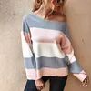 Casual Patchwork tricot pulls femmes pull rayure automne hiver mode pull col rond femmes pulls tricotés 210514