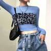 Kawaii Leopard Fur Patched Mock Neck Y2k Crop Top Manica lunga Blu Bianco T-shirt Donna Harajuku Tee Shirt per abbigliamento donna 210510