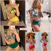 Kwiatowy Potargany Hem Bikini Zestaw Kobiety Flora V-Neck High-Paisted Dwuczęściowy Swimsuit Dziewczyna Plaża Kąpiel Swimwear Biquinis 210630