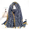 Kvinnor Höst Viskos Sjal Härlig Navy Blå Blommor Tassel Pashminas Stal Wrap Tjock Echarpe Foulard Femme Muslim Hijab 180 * 90cm