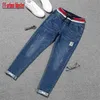 Plus storlek 5xl spets upp stretch jeans kvinna patch manschett denim harem byxor elastiska mode kvinnor hög midja penna mujer 210708