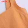 Mulheres Verão Laranja Laranja Colhido Tanques De Malha Tops Vintage Collar Quadrado Backless Camis Mujer Be616 210416