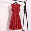 Vintage Schmetterlingsärmel Rüschen Herz Dot Print Kleid Frauen Mittellang Chiffon Damen Frühling Sommerkleid Rot Schwarz Blau 210715