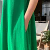 Minimalistische groene jurk vrouwen zomer ronde hals losse korte mouw midden-kalf jurken vrouwelijke mode 5E370 210427