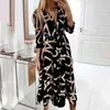 Spring Women Casual Print Shirt Dress V-neck Three Quarter Sleeve Maxi Dresses 2021 Autumn Ladies Fashion Elegant Long Dress X0521