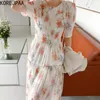 Korjpaa Kvinnor Klänning Sommar Korea Chic Sweet Elegant O Neck Floral Samlad Midja Pläterad Chiffon Mid Length Dresses Kvinna 210526