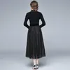Vrouwen winter herfst ontwerper elegante jurk pak zwart sexy kantoor feestje dames vintage gebreide mesh tweedelige set vestidos 210525