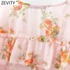 Zevity Frauen Süße Plissee Rüschen V-ausschnitt Blumendruck Casual Shirt Weibliche Chiffon Bluse Roupas Chic Chemise Tops LS9076 210603