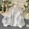 Zarif Dantel Çiçek Nakış Bluz Kadın Standı Yaka Puff Uzun Kollu Gevşek Blusas Bahar Gömlek Feminino 210422