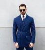 Double Breasted Blue Striped Mens Customized Wedding Tuxedos Groom Wear Dinner Prom Party Blazer (Jacket+ Pants)