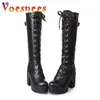 Stiefel Frühling Herbst Mode Frauen Schwarz Weiß Schnürung Wasserdichte Plattform Heels Schuhe Kniehohe Motorrad Leder