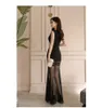 Summer V-Neck Black Sleveless Vestidos Bodycon Pochwa Mesh Patchwork Maxi Long Sexy Party Sukienka 210519