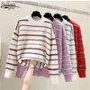 Koreanischen Stil Lose Gestreiften Pullover Frauen Mode Winter Kleidung Lange Hülse O-ansatz Pullover Gerade Faul Pull Femme 11948 210427