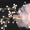 Hårklämmor Barrettes Handgjorda guldblomma pärlhårstång för kvinnor rosa strass tillbehör trendiga brudsmycken