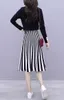 Höst två stycke Set Kvinnor Elegant Bow Tie Sticka Pullover Tröja Topp + Stripe Pläterad Midi Skirt Suit 210519