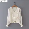 Kvinnor söta boll applikationer Chiffon Sleeve Patchwork Stickning Smock Blouse Femme V Neck Slim Shirt Chic Blusas Tops LS7700 210420