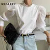 Vintage blanc femmes Blouse printemps été maille dentelle Crochet Patchwork manches bouffantes à la mode femme chemises hauts 210428