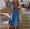 Sommarstrand maxi klänningar kvinnor solros tryck boho lång klänning 2022 avslappnad kort ärm o-hals split party vestidos robe femme