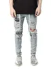 Jeans lápis rasgado homens furo magro splicing splicing lateral listrado destruído hip hop magro fit jean masculina 210716