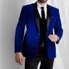 3 stycke sammet bröllop tuxedo för groomsmen kungliga blå man kostymer med svart sjal lapel man mode jacka väst svarta byxor x0909