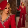 Luxury Crystal 2 Piece Women Suits High Qualit Pärlor Custom Made Red Suit With Belt Fashion Formal Lady Office Women's Two Pants